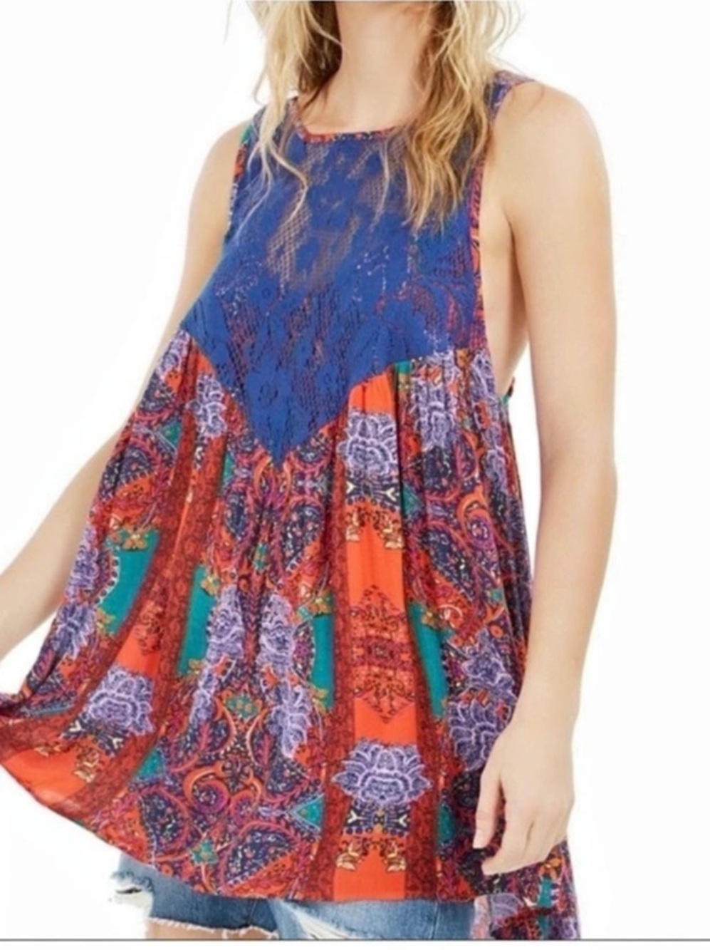 free people Count Me In Trapeze Tunic Blue & Red Small